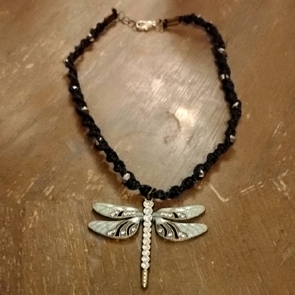 Elegant Black and Silver Dragonfly Necklace